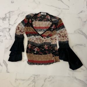 Long sleeve blouse red, black, and tan pattern